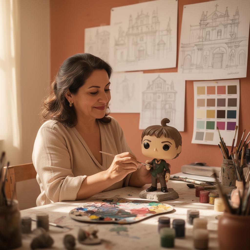 Maria painting a custom Funko Pop in her Guadalajara studio